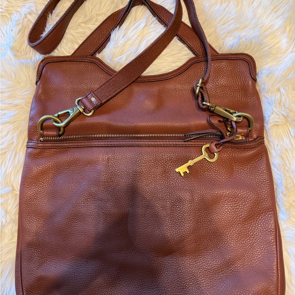 Fossil Brown Leather Bag with Gold Key Accent